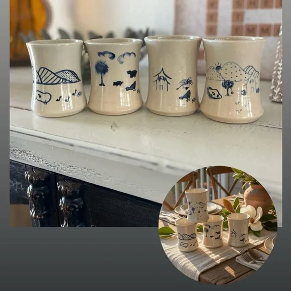 Rare Set of 4 Handmade Pottery Cups Mugs Solid Heavy Blue Folk Art Ichthys Symbo