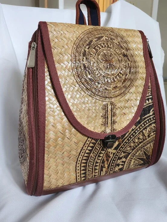 Woven Straw Backpack Tote in Natural and Brown