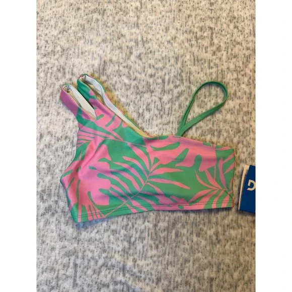 DSG Girls Asymmetric Swim‎ Top Panana Palms Pink Green Size S UPF 50 NWT
