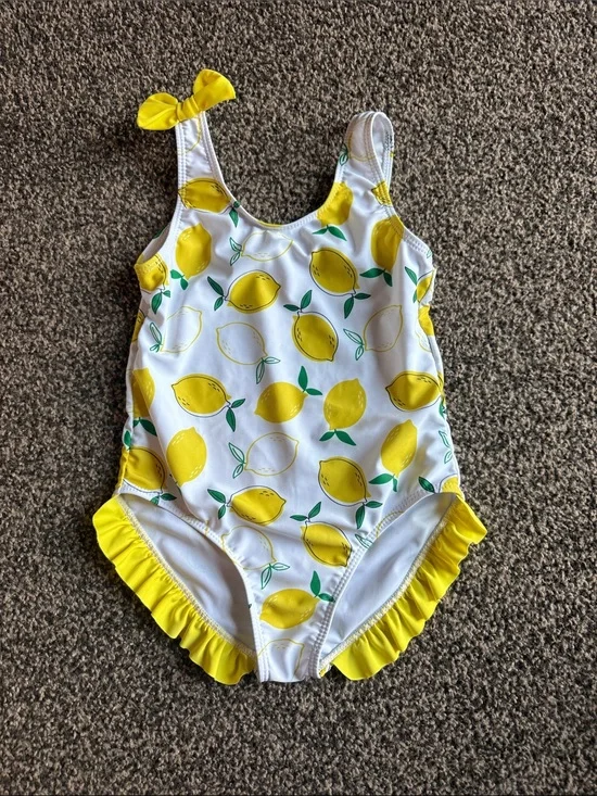 SHEIN Yellow & White Lemon Print One-Piece Swimsuit with Ruffle