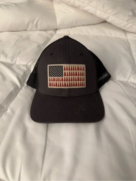 Columbia Black Trucker Hat with Red & White Flag Patch