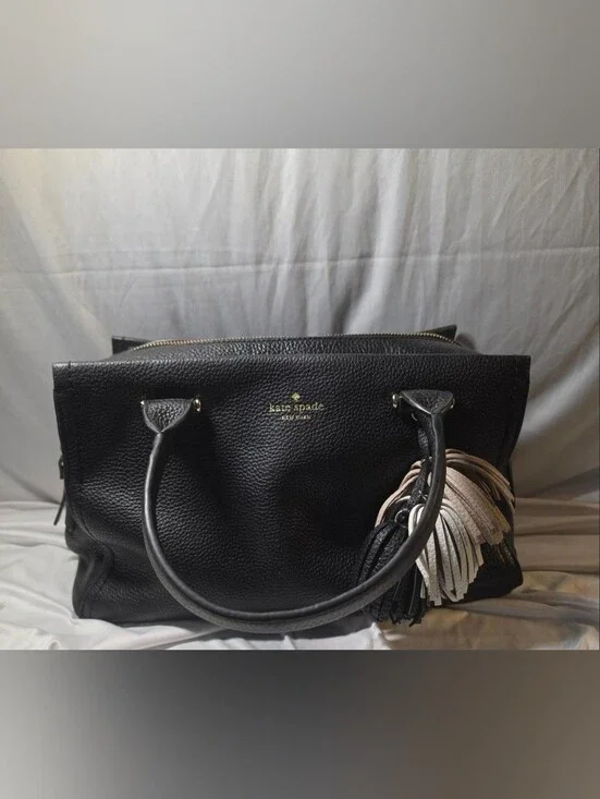 kate spade Black Pebbled Leather Satchel with Tassel Charm