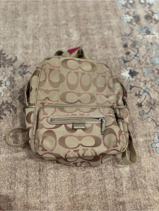 Coach Beige and Pink Signature Canvas Backpack