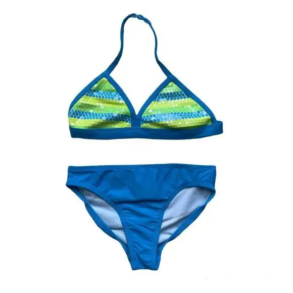 NWOT OP S 6/6X Turquoise Blue Neon Yellow Green Sequin Halter Bikini Set Twins