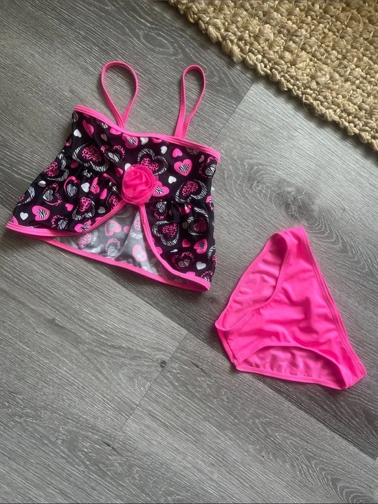 Toddler Girls Pink & Black Heart 2-Piece Tankini~ size 4T