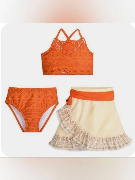 Moana Orange Crochet Bikini Top & Bottom with Cream Ruffle Skirt