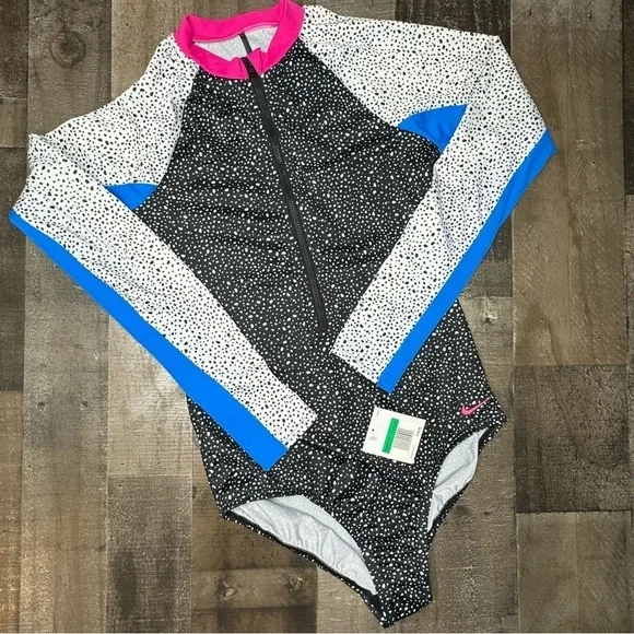 NWT Nike Black and White Long Sleeve Swimsuit with Pink and Blue Accents