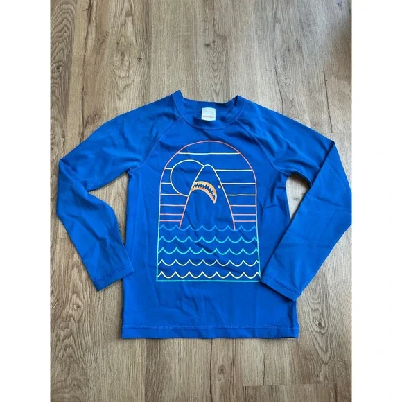 Hanna Andersson Boys Blue Shark Graphic Long Sleeve Rash Guard Swim Shirt Size 8