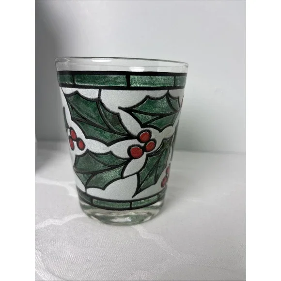 4 West Virginia Snowy Holly Berry Stained Glass On Rocks Christmas Glasses Set