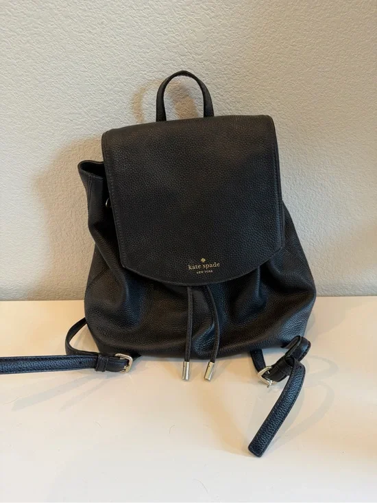 kate spade Black Pebbled Leather Drawstring Backpack with Flap