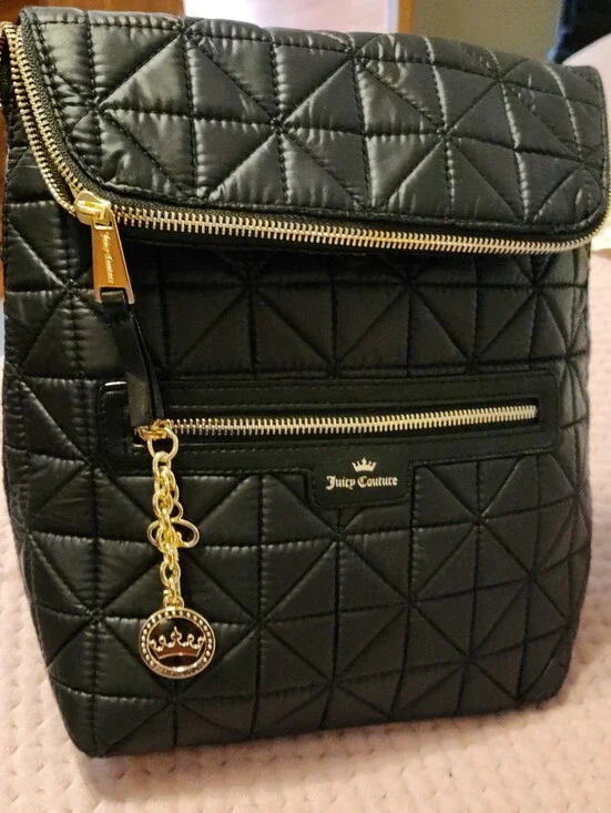Juicy Couture Black Quilted Small Medium Backpack Purse with Gold Accents