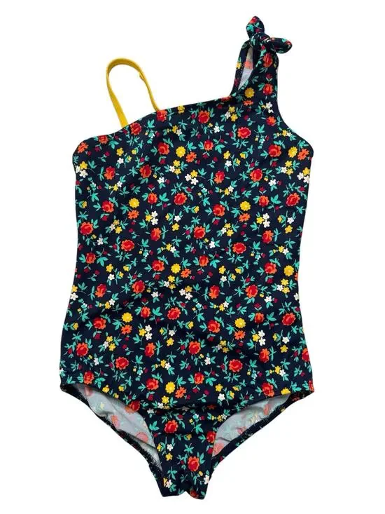 LANDS END Navy Floral Bow One Piece Girls Swim Suit Size 7 Red Yellow Strap