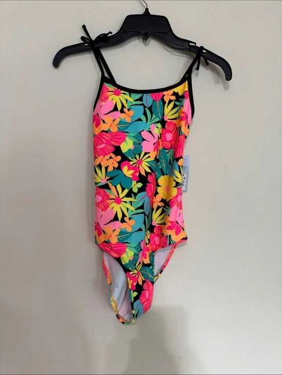 Cat & Jack Neon Floral One-Piece Swimsuit - Black, Pink, Yellow, Green, Blue