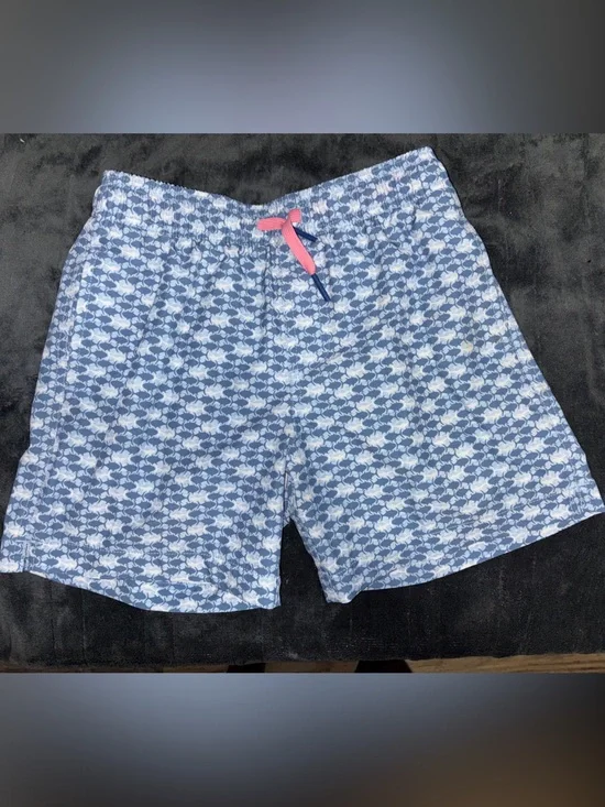 Southern Tide Blue Patterned Kids Swim Trunks with Pink Drawstring