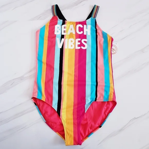 Wonder Nation Kids One Piece Bathing-Suit Striped Multicolored Rainbow Swimsuit