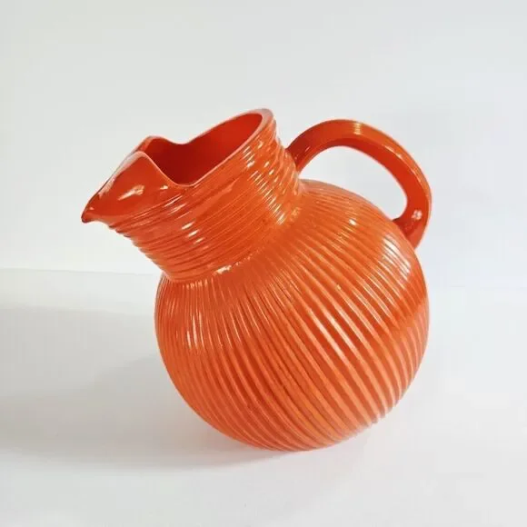 Vintage Hazel Atlas 40s-50s Fine Rib Orange Baked Glaze MCM Tilt Ball Pitcher