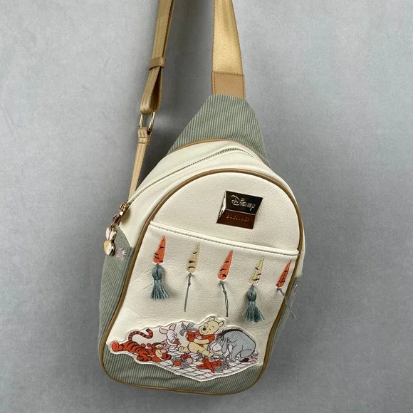 Disney BoxLunch Winnie the‎ Pooh Picnic Sling Bag Green Corduroy Cream Backpack