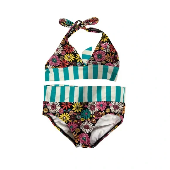 Roxy Girls Floral Striped Halter Bikini‎ Two Piece Swimsuit Teal Multicolor