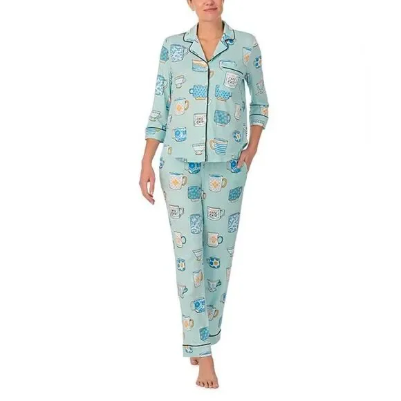 kate spade XL Light Blue Tea Coffee Print Notch Collar 3/4 Sleeve Pants PJ Set