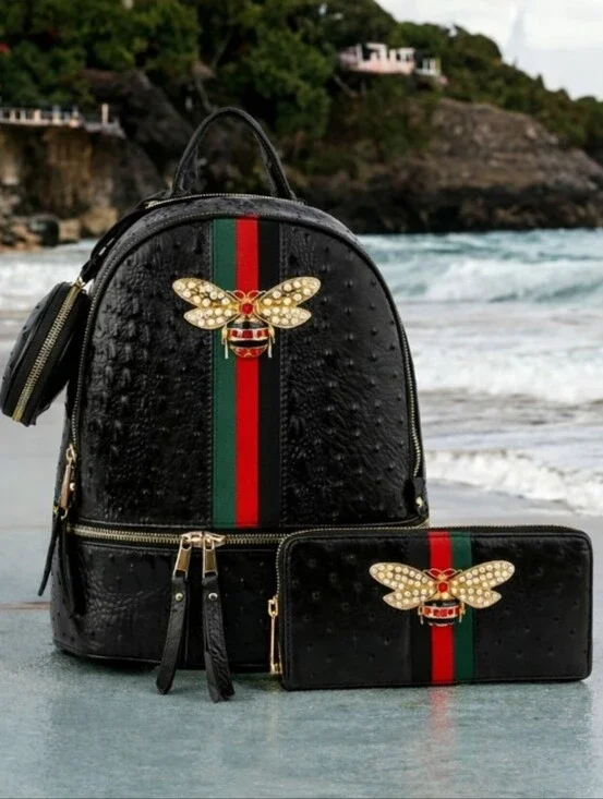 Black Bee-Embellished Backpack & Wallet Set - Black