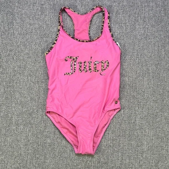Juicy Couture Girls Pink Leopard One Piece Swimsuit Size 10 NWT Logo Charm‎
