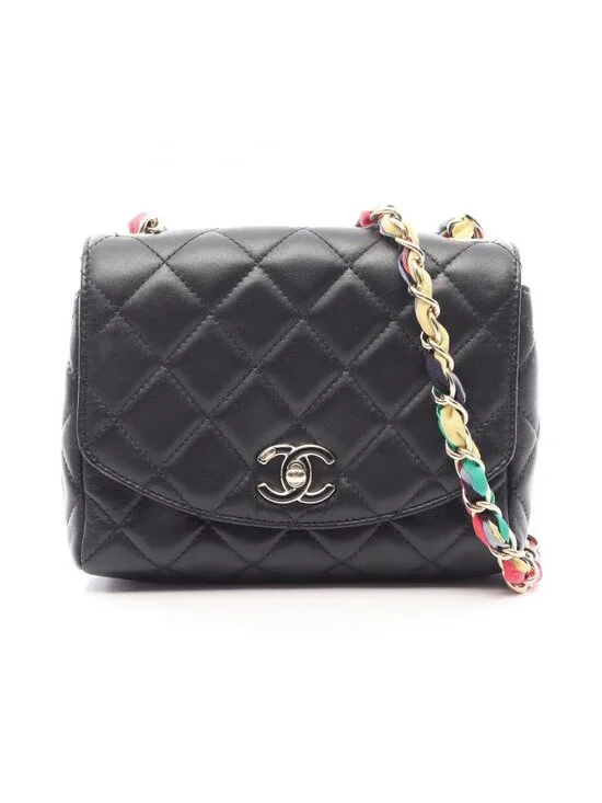 Chanel Shoulder Bag Quilted Black Lambskin Round Flap Chain