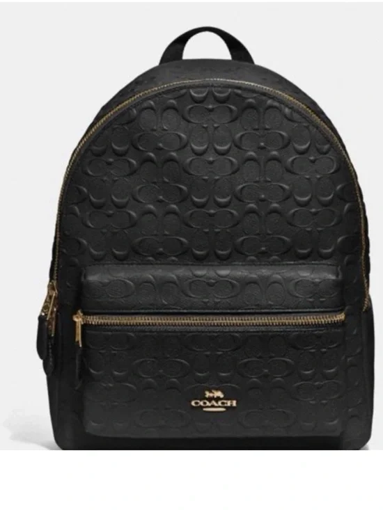 Coach Black Embossed Leather medium Charlie Backpack with Gold Hardware Accent