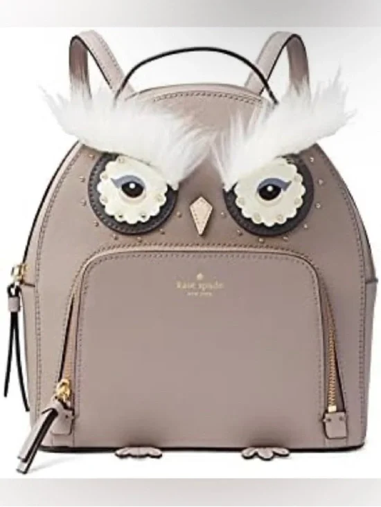 kate spade Beige Owl Backpack with White Feather Accents