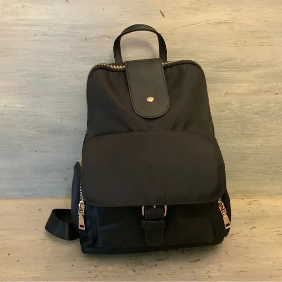 Black Satin Faux Leather‎ Backpack Bag Purse 8x13x4 Like New