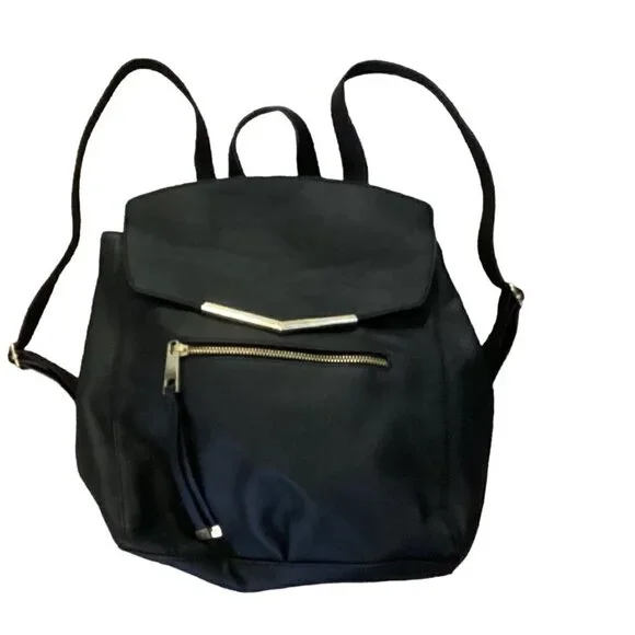 Black Backpack Purse Pebbled Vegan PU Faux Leather Lightweight Gold Accents 154A