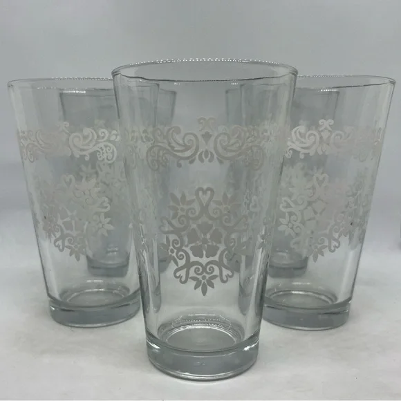 Vintage Set Of 5 Libbey MCM White Medallion Scroll 16oz Glasses