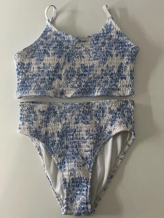 SHEIN White and Blue Smocked Tank Bikini Set for Kids