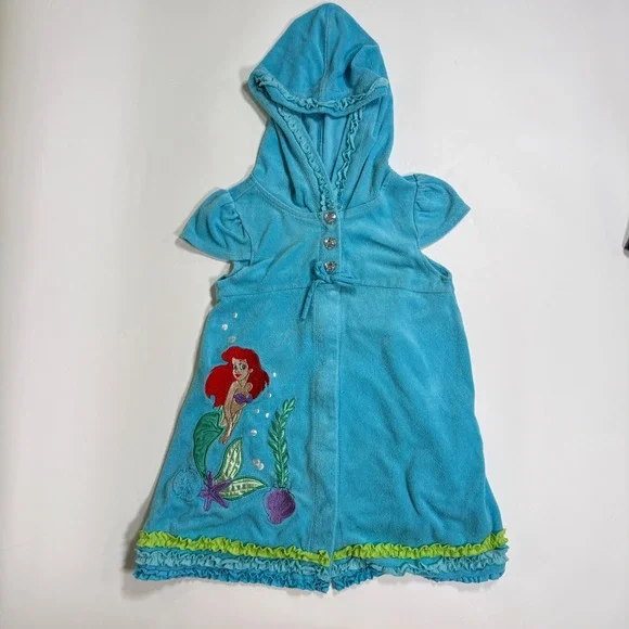 Disney Store little mermaid Ariel Swim Cover Up 5/6 Blue Embroidered vtg Hooded