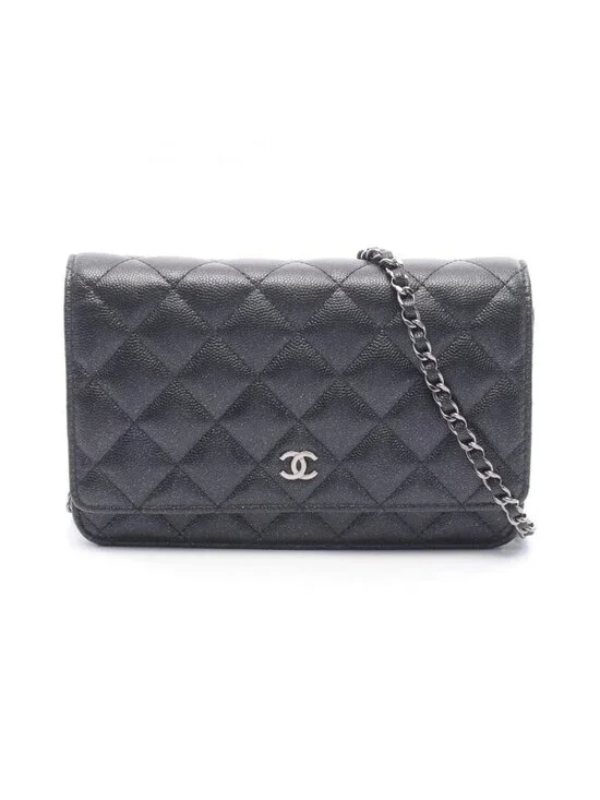 Chanel Shoulder Bag Quilted Black Caviar Leather Chain Wallet