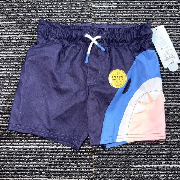 Cat & Jack Shark Swim Trunks Toddler Boys 2T Navy Blue NEW UPF 50+ Mesh Liner
