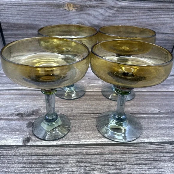 Vtg Pier One Set of 4 MARGARITA GLASSES BUBBLE Ombre Amber blue Art glass NWT