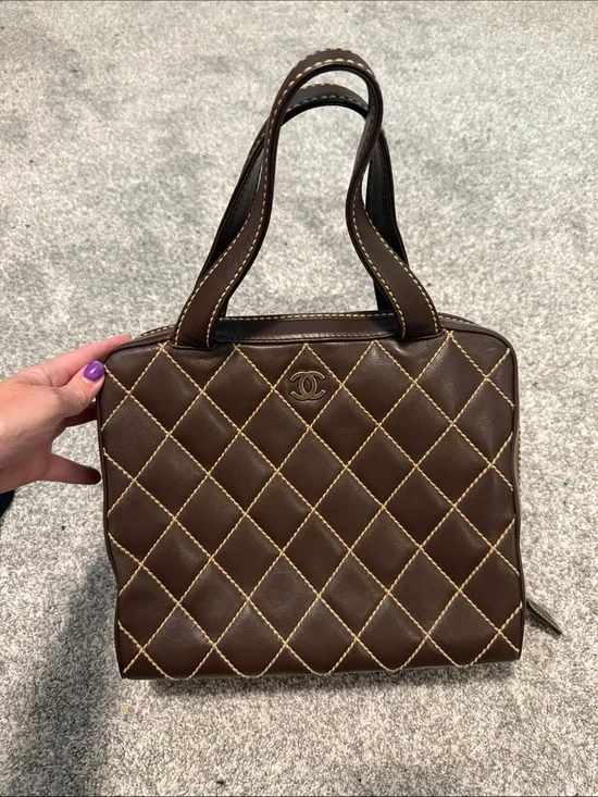 CHANEL Brown Quilted Leather Satchel with Contrast Stitching