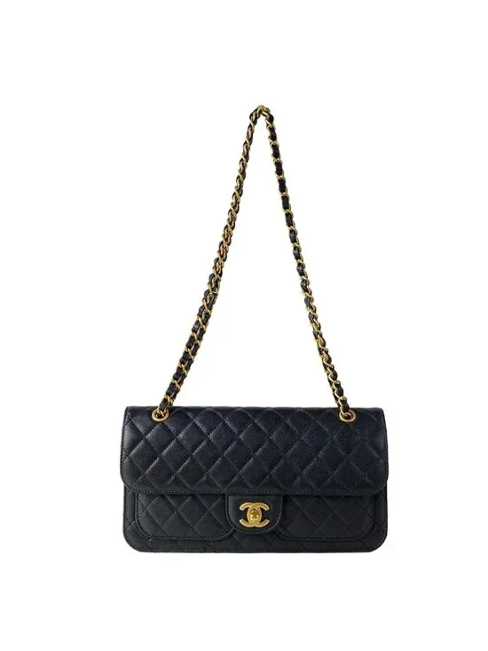 Chanel Shoulder Bag Quilted Black Metal Chain Double Pocket Matte Togo
