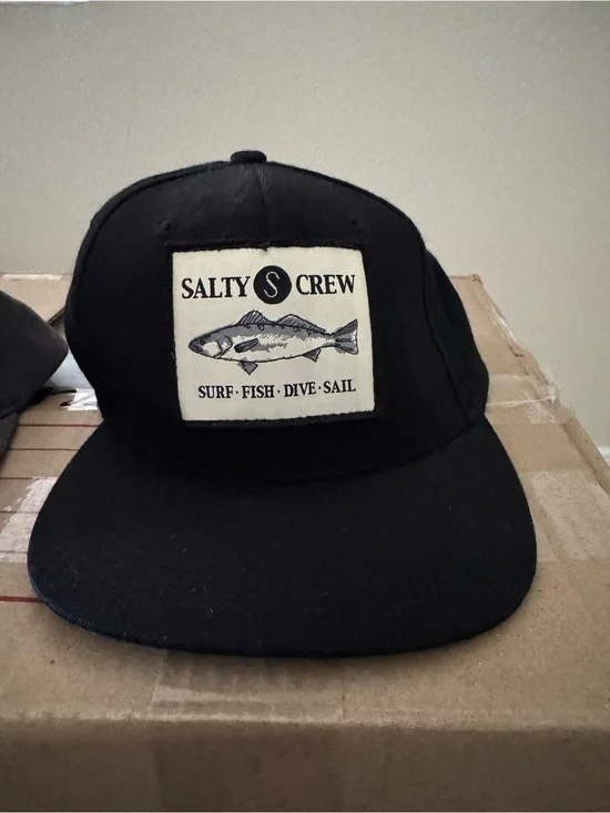 Salty Crew Black Snapback Hat with Fish Patch