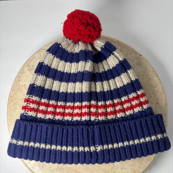 Vintage L.L. Bean Beanie OSFA Blue Striped 100% Lambswool‎ Pom Pom Winter Hat