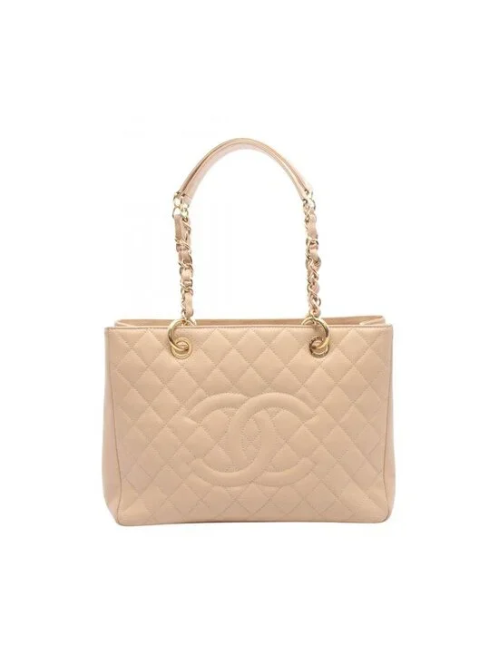 Chanel Tote Quilted Grand Shopping GST Beige Caviar Leather Chain