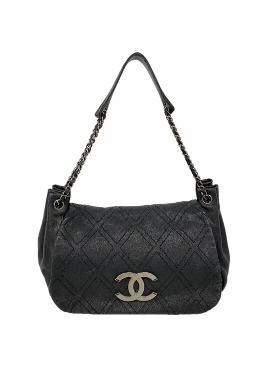 Chanel Shoulder Bag Jumbo CC Logo Leather Black Silver
