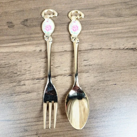Vintage Gold Tone Rose Appetizer Fork and Spoon Set Stainless Steel Japan
