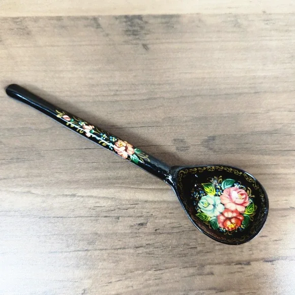 Vintage Russian Khokhloma Hand Painted Wooden Spoon Black Floral Folk Art
