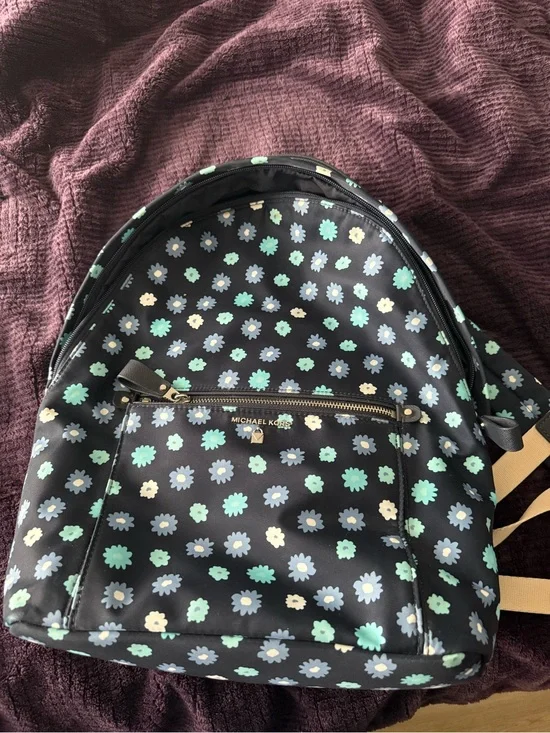 Michael Kors Navy Blue Nylon Backpack with Mint & Light Blue Floral Print