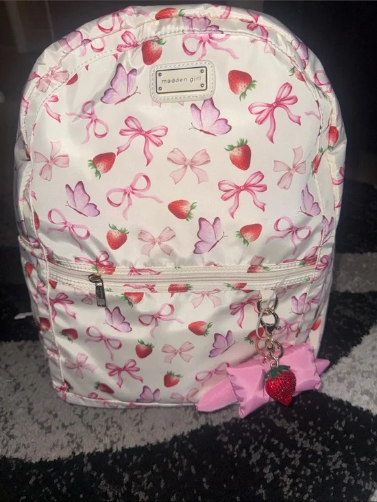 madden girl Kids Strawberry & Bow Print Mini Backpack - Pink on White