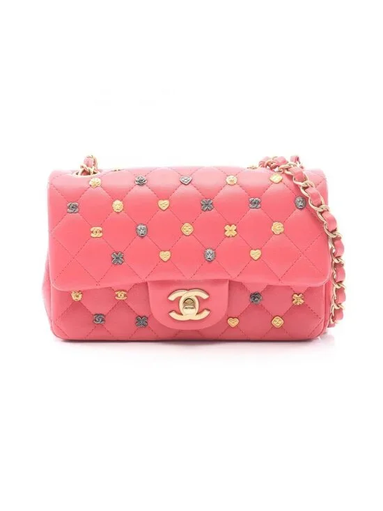 Chanel Shoulder Bag Mini Quilted 20 Icon Charm Pink Lambskin Mini Chain