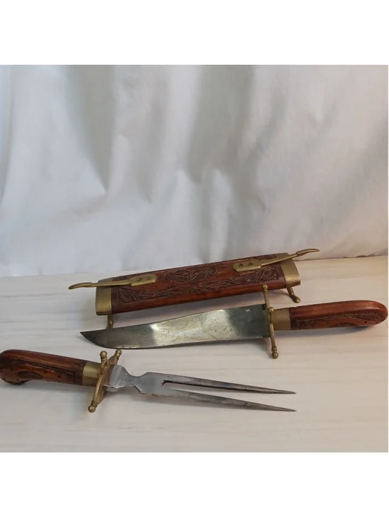 VTG India Carved Wooden Knife Cutlery Set Knife And Fork Brass Wood Sheath Boho