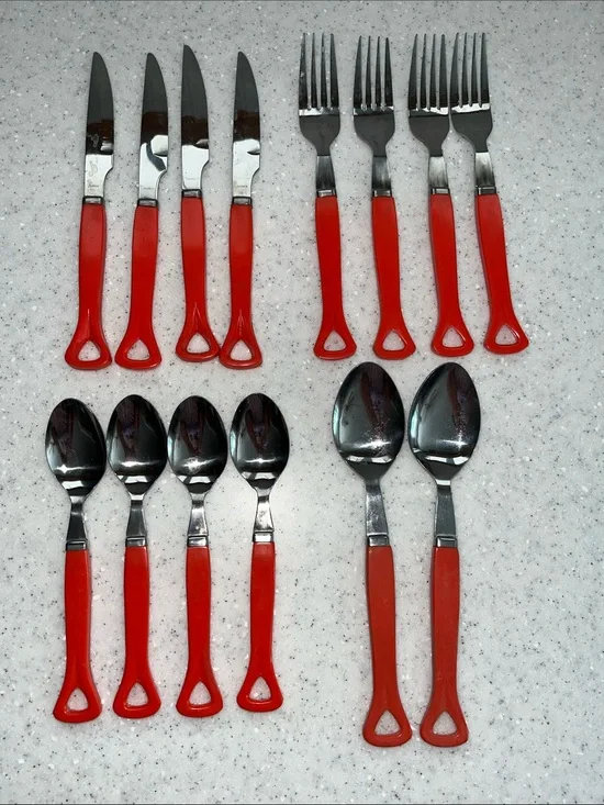 Vtg IIC Stainless Japan Red Handle Flatware 4 Settings 2 Serving Spoons *READ*