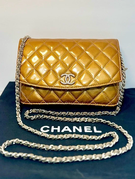 CHANEL Metallic champagne Patent Quilted WOC Silver Hardware RARE Color